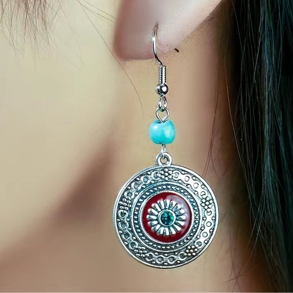 Boho Western Chic Dangle Drop Earrings Pierced Antique Silver Red Turquoise - Picture 10 of 16